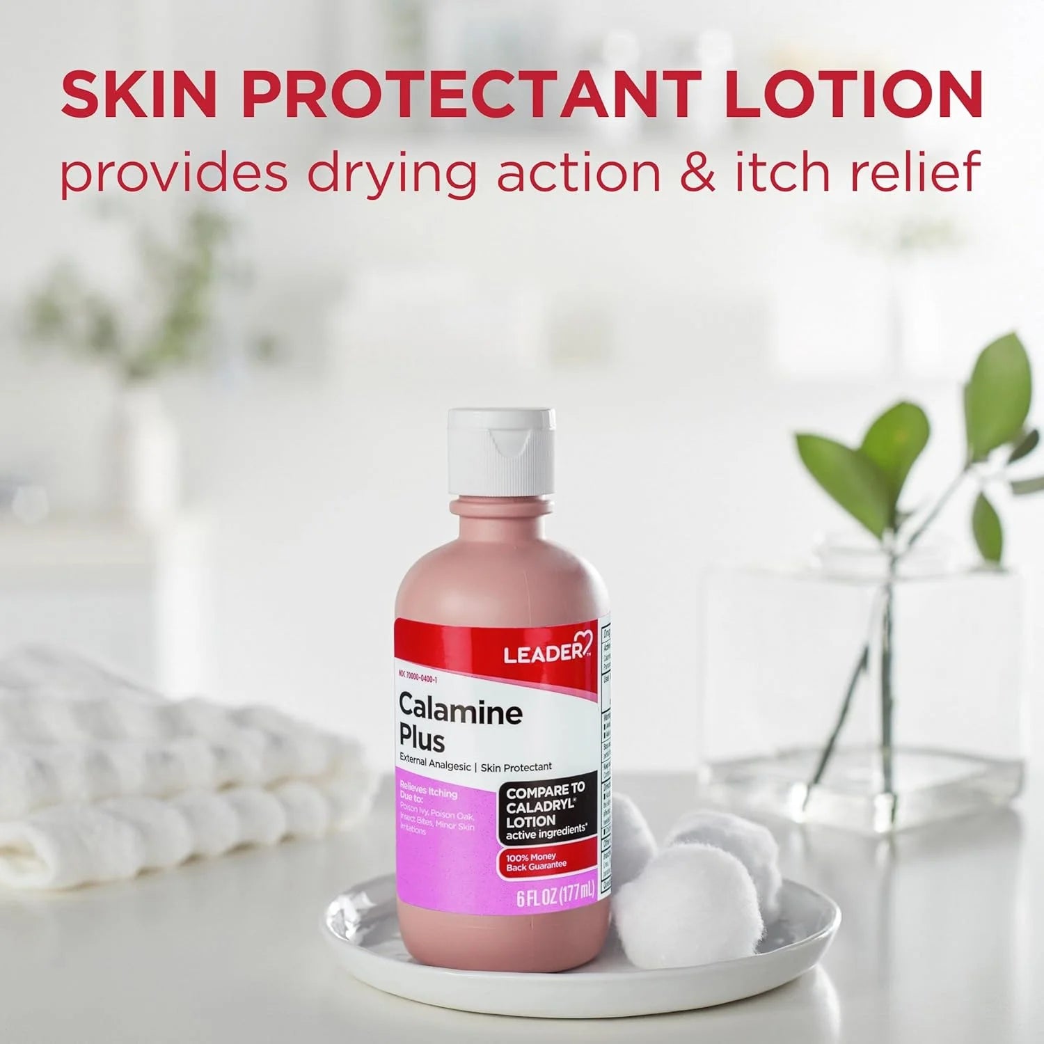 Leader Calamine Plus Anti-Itch Lotion, External Analgesic, Skin Protectant for Itch Relief, Poison Ivy, Insect Bites, Chicken Pox, for Adults & Children 2+, Compare to Caladryl - 6 oz