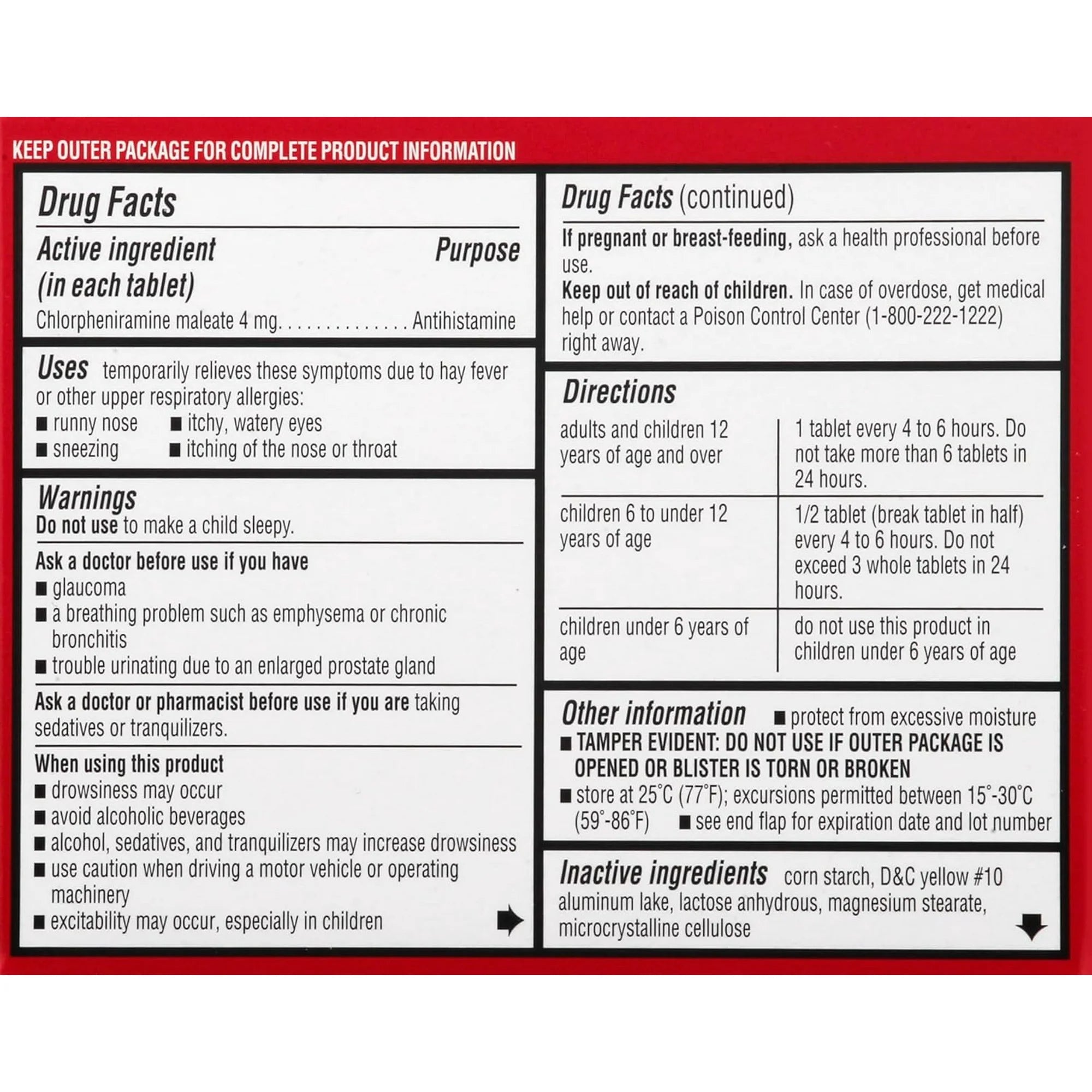 LEADER 4 Hour Allergy Relief, Chlorpheniramine Maleate 4 mg, Antihistamine, for Adults, Both Men & Women, and Children Ages 6+, 100 Tablets, Pack of 1