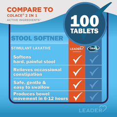 LEADER 2-in-1 Stool Softener & Stimulant Laxative, Docusate Sodium 50mg, Sennosides 8.6 mg, Gentle Occasional Constipation Relief for Adults, Both Men & Women, & Children Ages 6+, 100 tablets 5-Pack