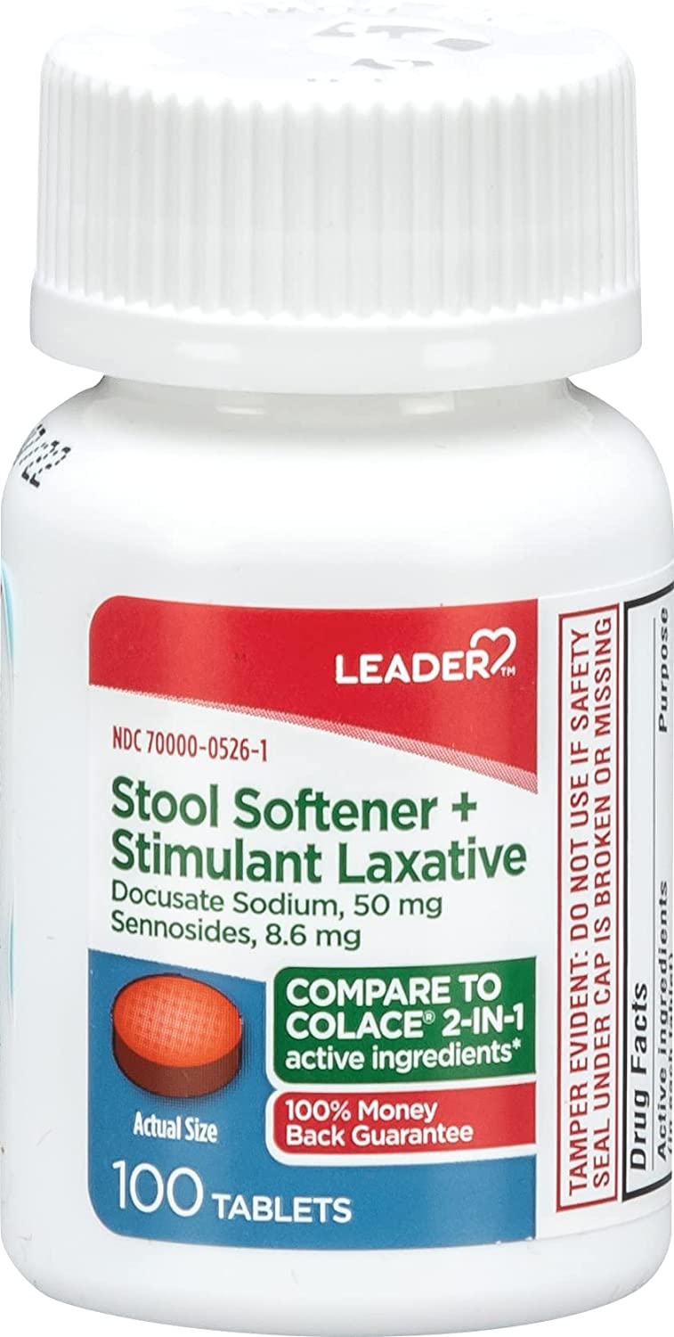 Leader Stool Softener + Stimulant Laxative Relieves Constipation Docusate Sodium, Sennosides, 100 Tablets - 4 Pack