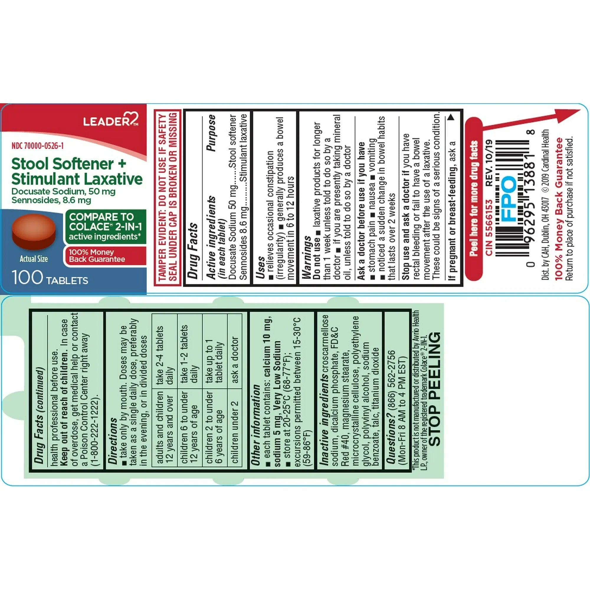 LEADER 2-in-1 Stool Softener & Stimulant Laxative, Docusate Sodium 50mg, Sennosides 8.6 mg, Gentle Occasional Constipation Relief for Adults, Both Men & Women, & Children Ages 6+, 100 tablets