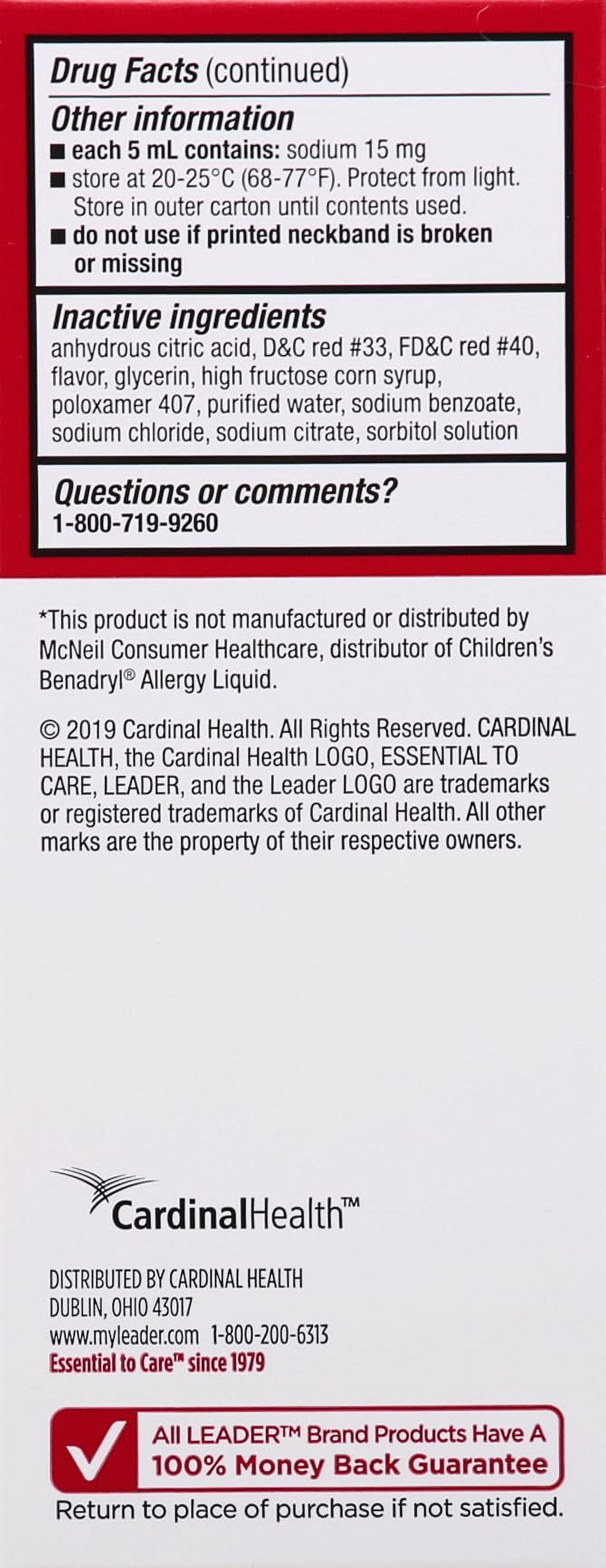 Leader Children's Allergy Relief, Cherry Flavored, Alcohol-Free, 4 Fl Oz