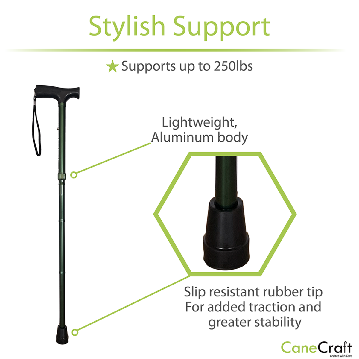 CaneCraft Folding Cane with Non-Slip Plastic Handle, Green