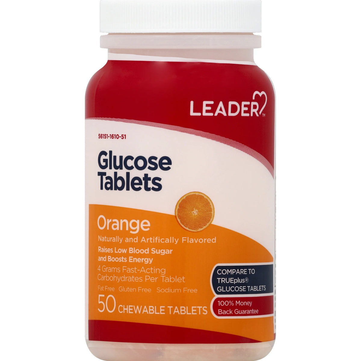 Leader Glucose Tablets, Orange, 50 Count - Fast-Acting Energy Boost, Raises Low Blood Sugar