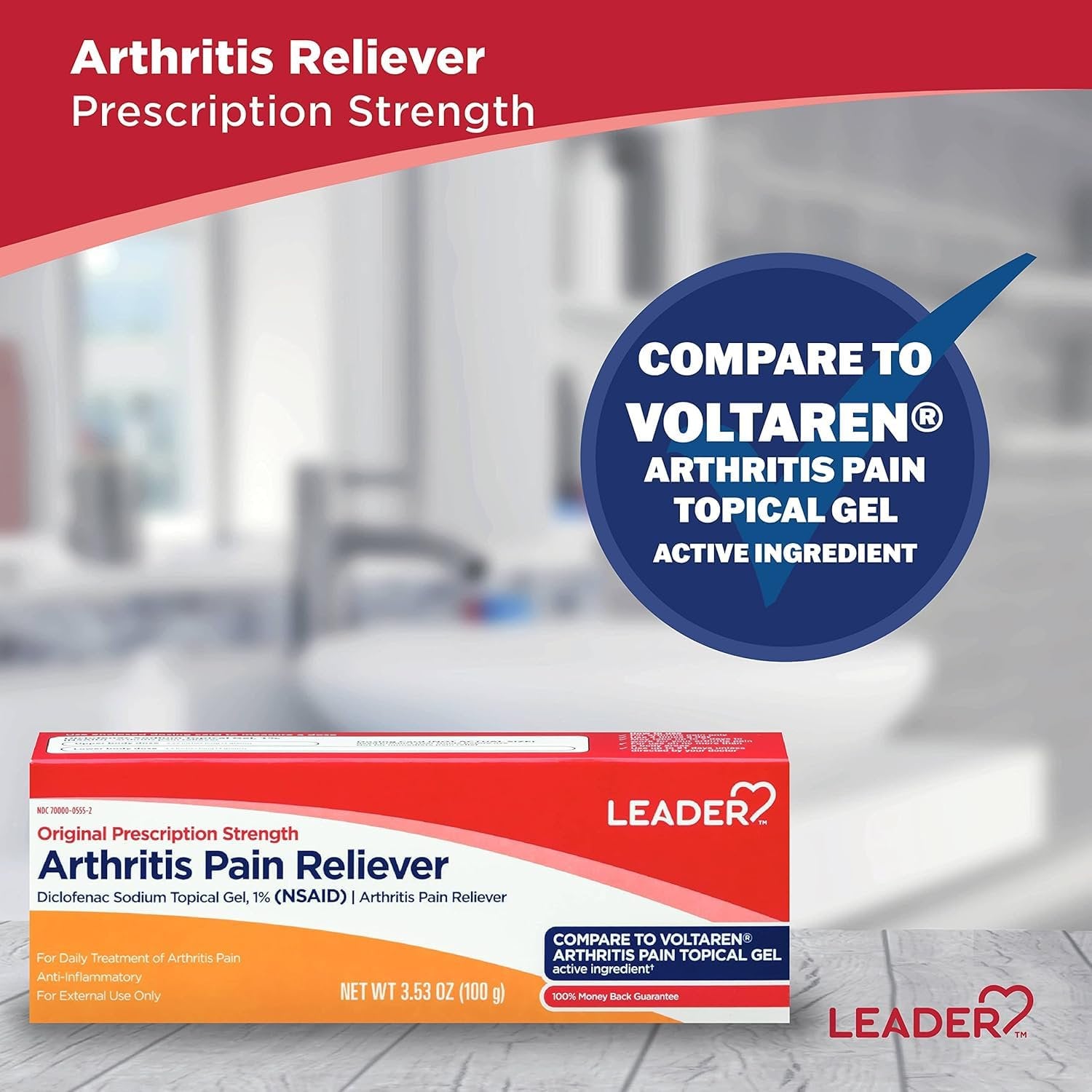 Leader Arthritis Pain Relief Gel, Original Prescription Strength, Diclofenac Sodium Topical Gel 1%, for Adults, Both Men & Women, and Children 12+, Compare to Voltaren, 3.53 Oz