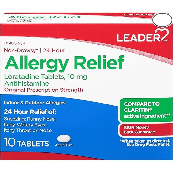 Leader 24 Hour Allergy Relief, Loratadine 10mg Tablets, Non-Drowsy, Antihistamine, Indoor and Outdoor, Counteract Allergy, 10 Tablets