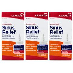 3 Pack - Leader Extra Strength Sinus Relief, Fast Acting, Sinus Decongestant, Nasal Congestion Relief Spray, Cold & Allergy 1 fl oz