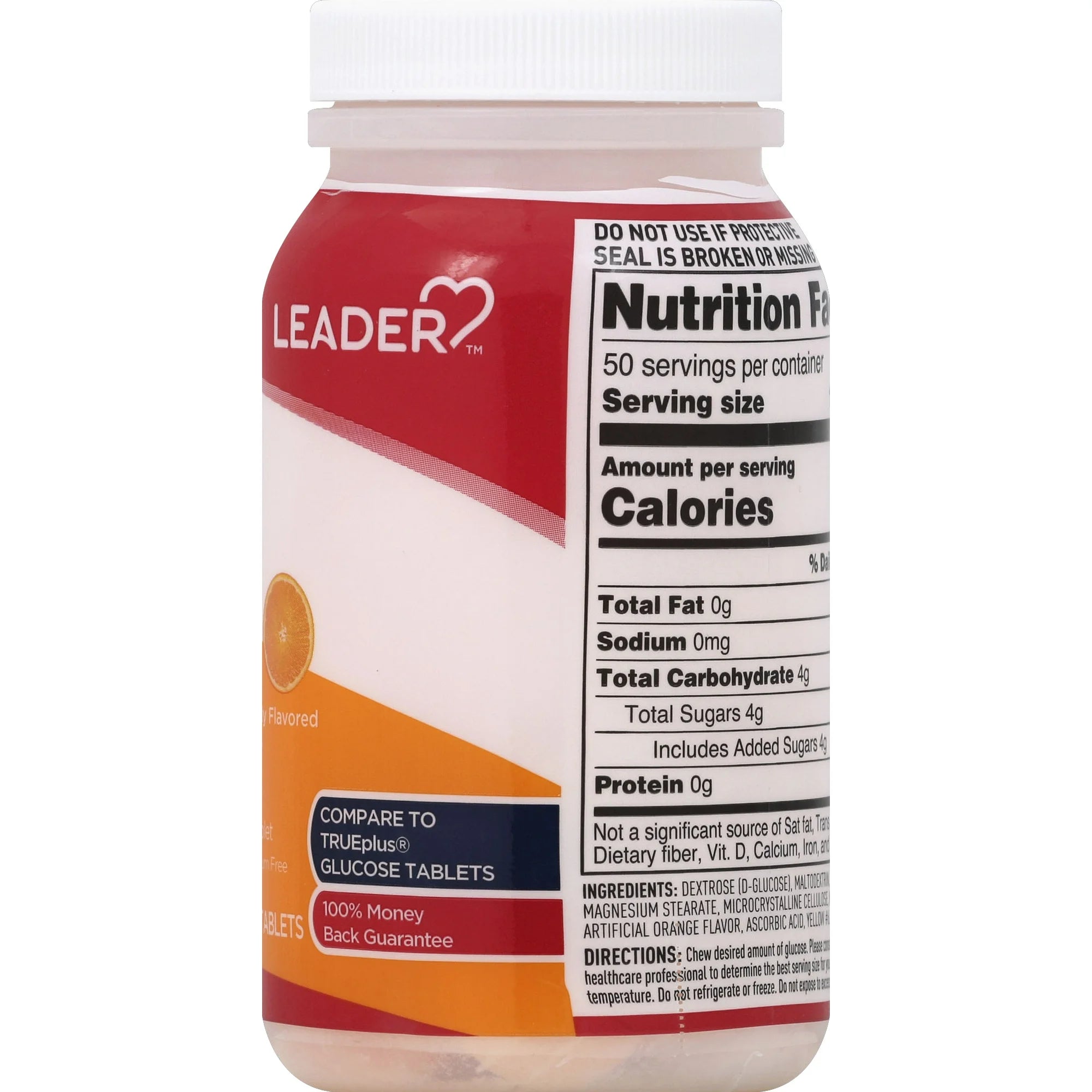 Leader Glucose Tablets, Orange, 50 Count - Fast-Acting Energy Boost, Raises Low Blood Sugar