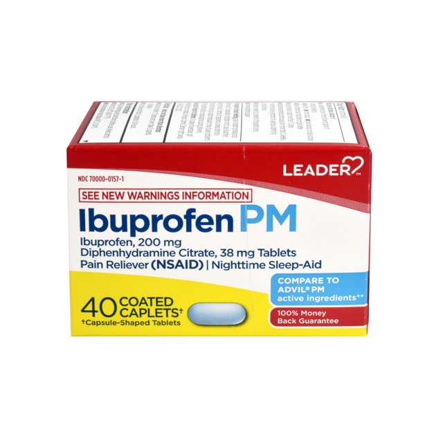 Leader Ibuprofen PM, Pain Reliever/Nighttime Sleep-Aid, 40 Coated Caplets