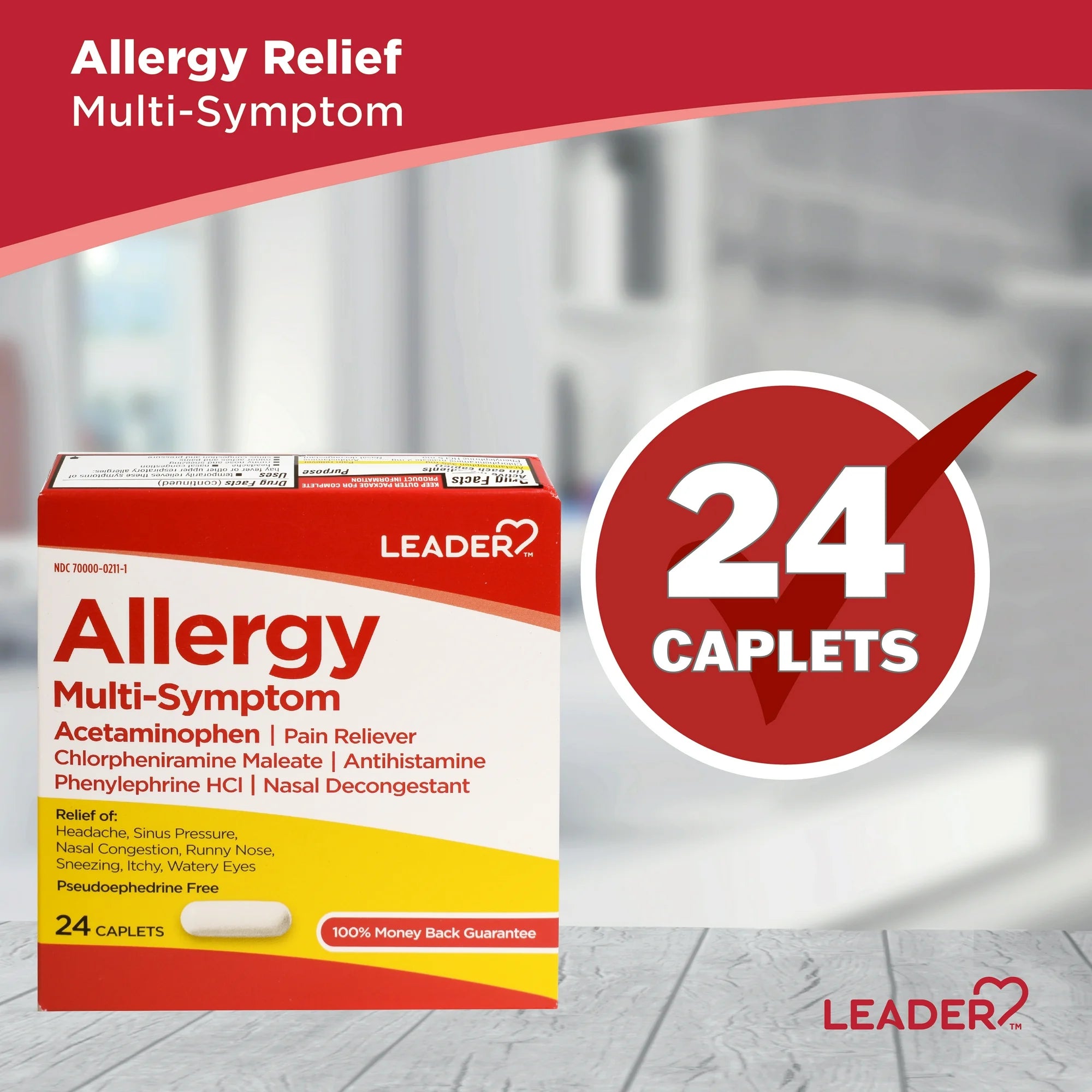 Leader Allergy Multi Symptom Acetaminophen Pain Reliever Caplets, 24 ct