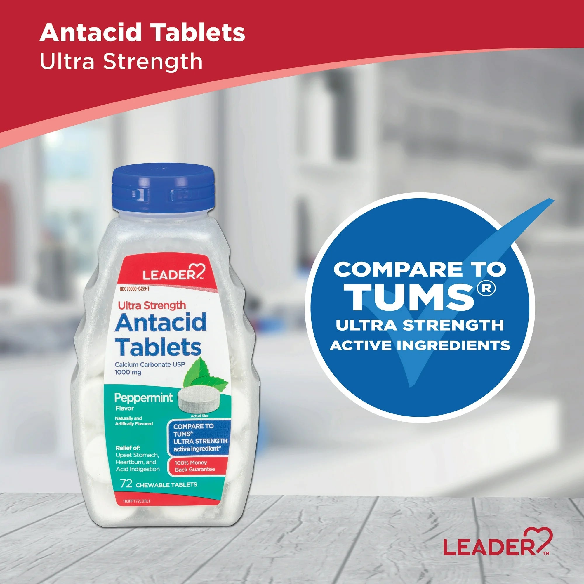 Leader Ultra Strength Antacid Tablets, Peppermint, 72ct - Fast Heartburn Relief