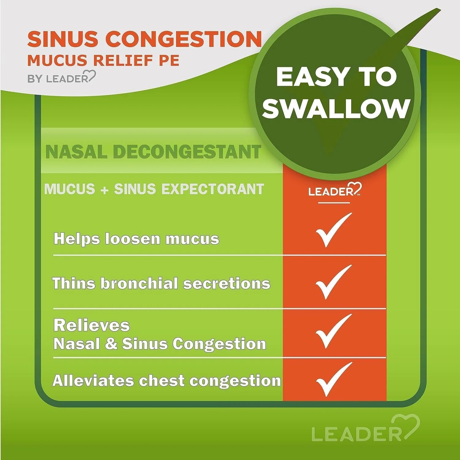 Leader Mucus Relief PE Sinus Congestion, Expectorant; Nasal Decongestant, Thins and Loosens Mucus, Immediate-Release, Alleviates Chest Congestion, 50 Tablets (Pack of 5)