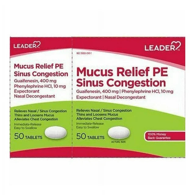 Leader Mucus Relief PE Discomfort Sinus Congestion, Mucus Buildup 50 Tablets per Box