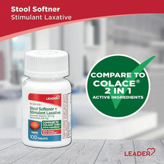 Leader Stool Softener + Stimulant Laxative, 100 Tablets, 2 Pack - Gentle Relief from Constipation