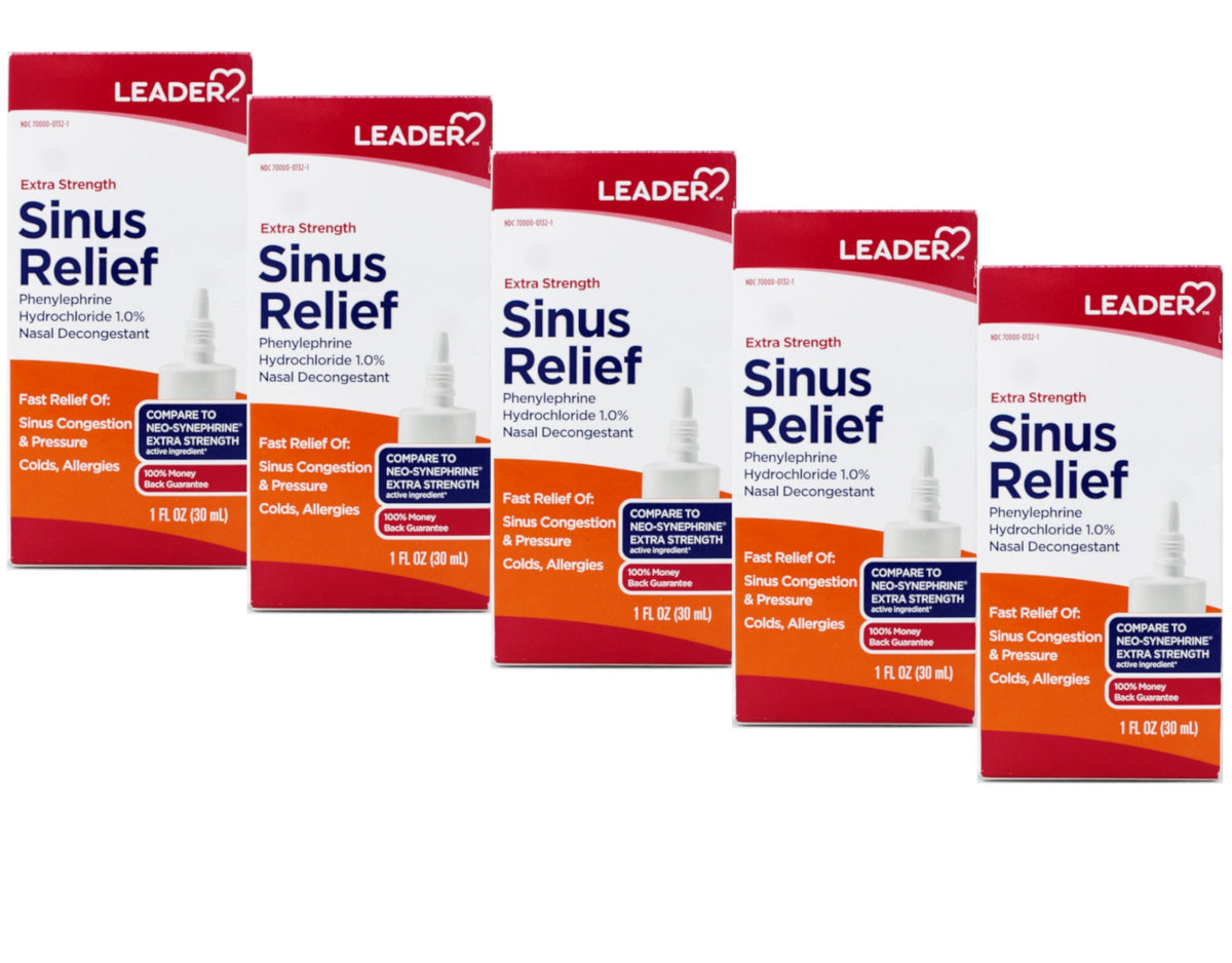 5 Pack - Leader Extra Strength Sinus Relief, Fast Acting, Sinus Decongestant, Nasal Congestion Relief Spray, Cold & Allergy 1 fl oz