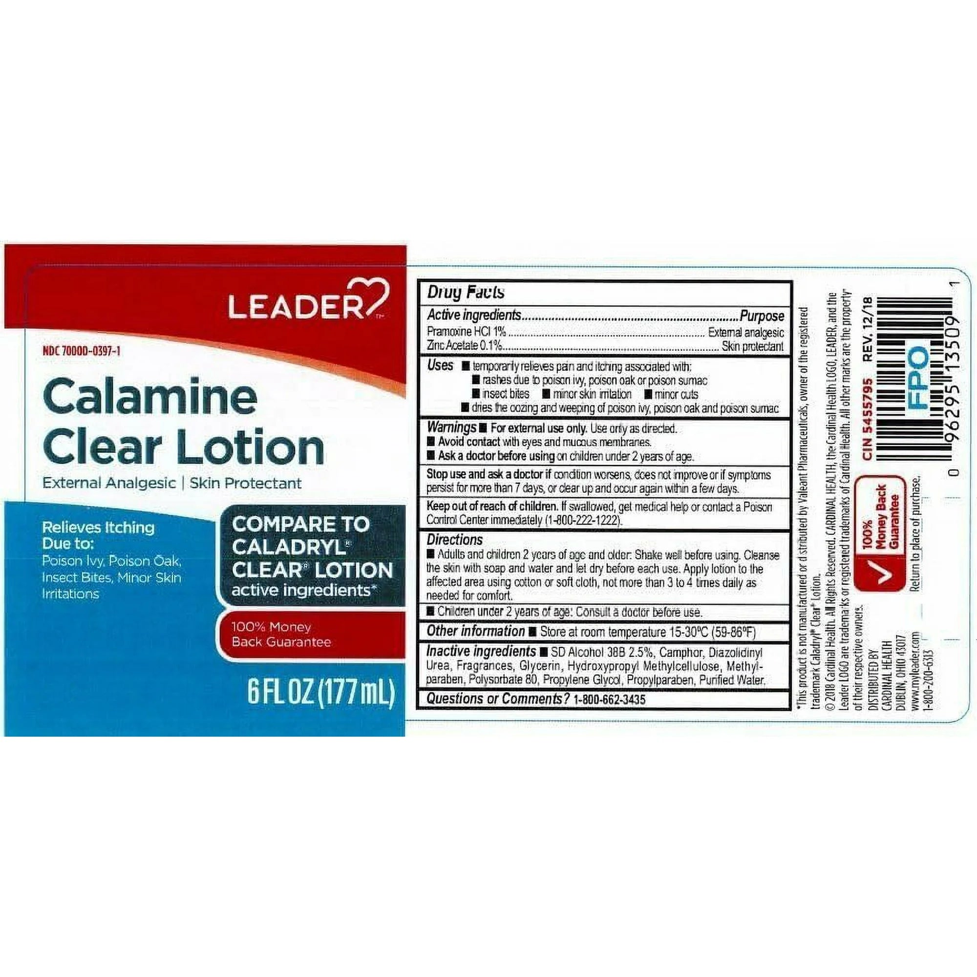 LEADER Calamine Anti-Itch Lotion, Medicated External Analgesic Skin Protectant Lotion for Fast-Acting Itch Relief, Poison Ivy, Insect Bites, Chicken Pox, 6 oz (Compare to Caladryl)