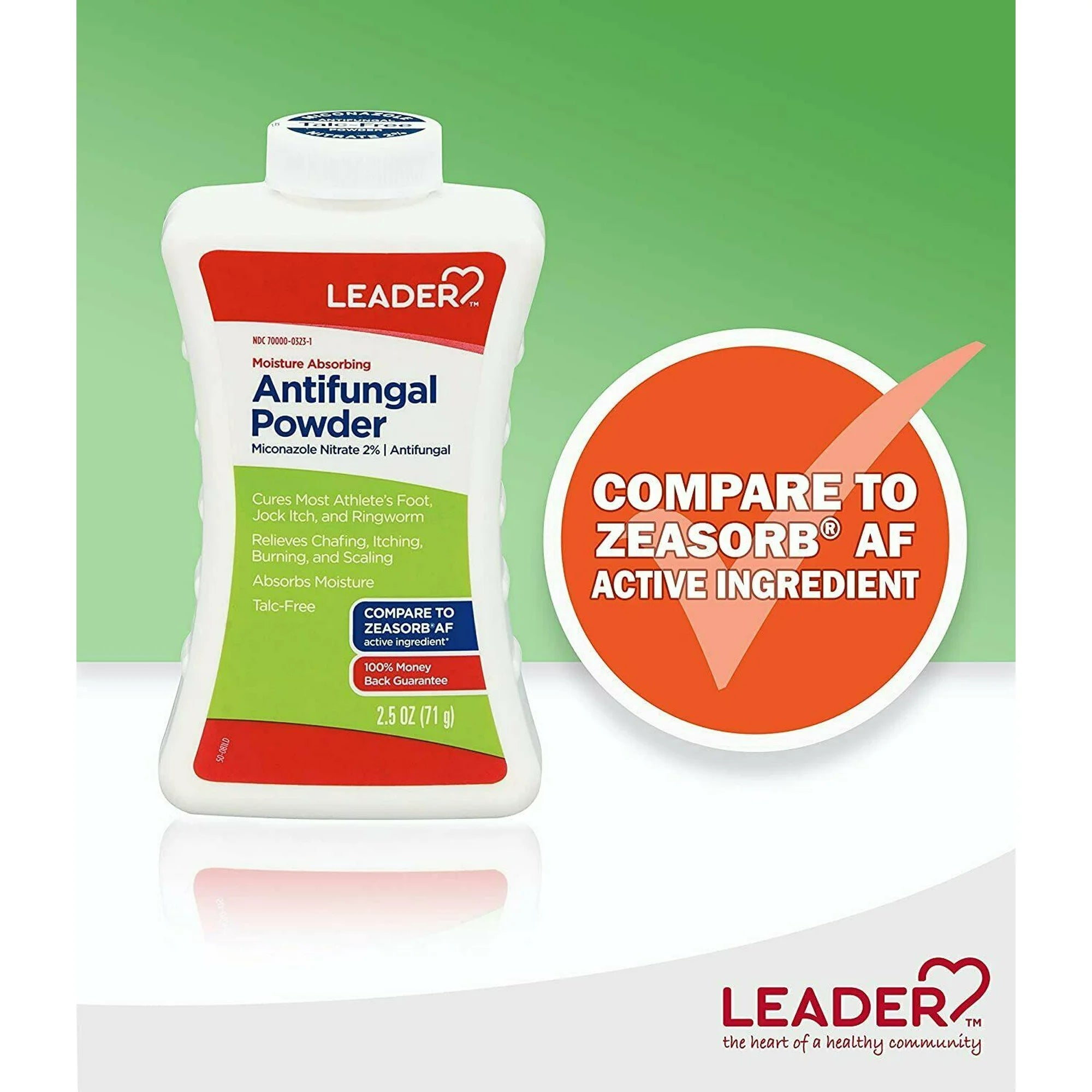 Leader Antifungal Powder Micanzole Nitrate Moisture Absorbing Talc-Free, 2.5 oz