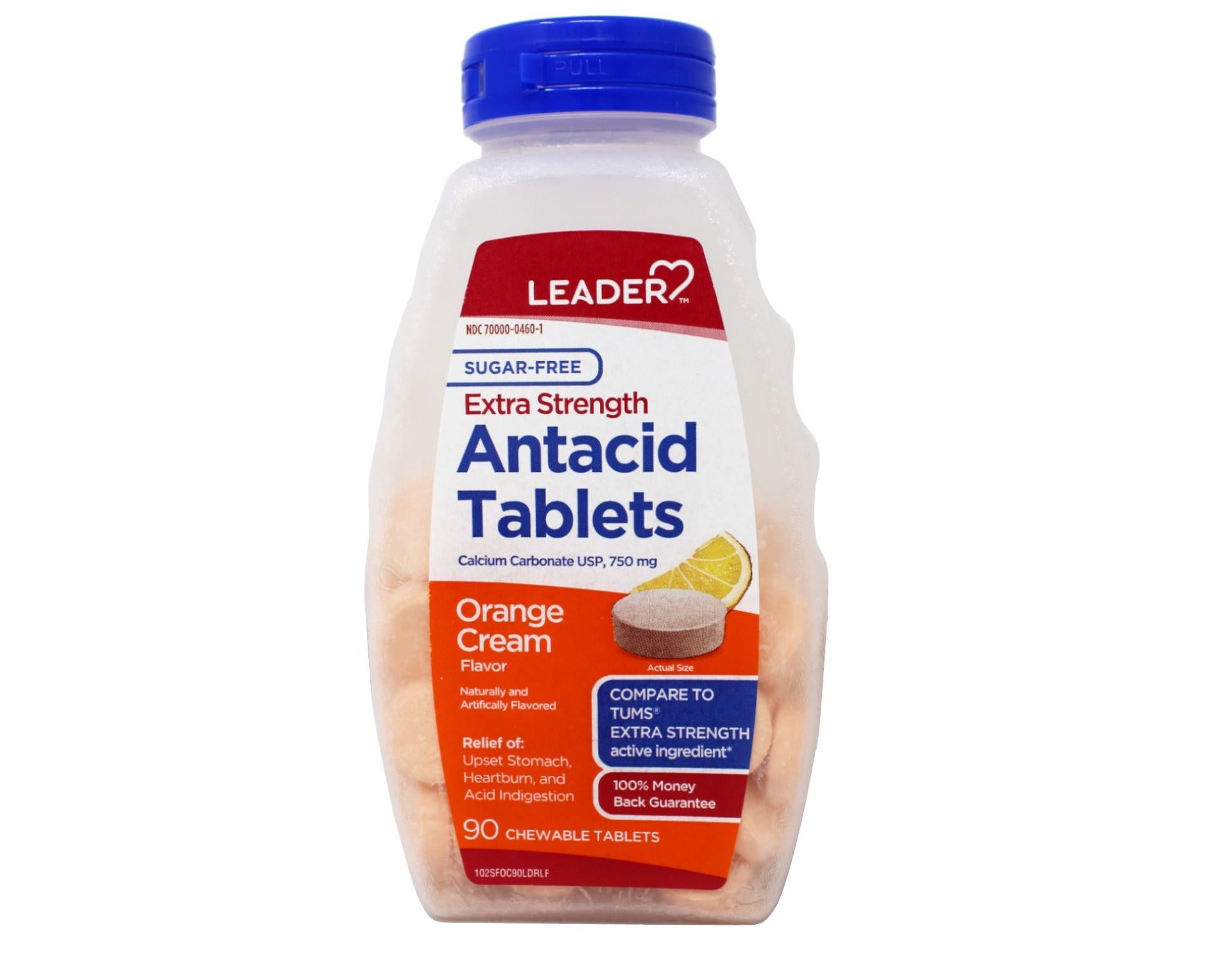 Leader Extra Strength Antacid 750 mg Chewable Tablets Orange Cream Sugar Free 90 Count - 3 Pack