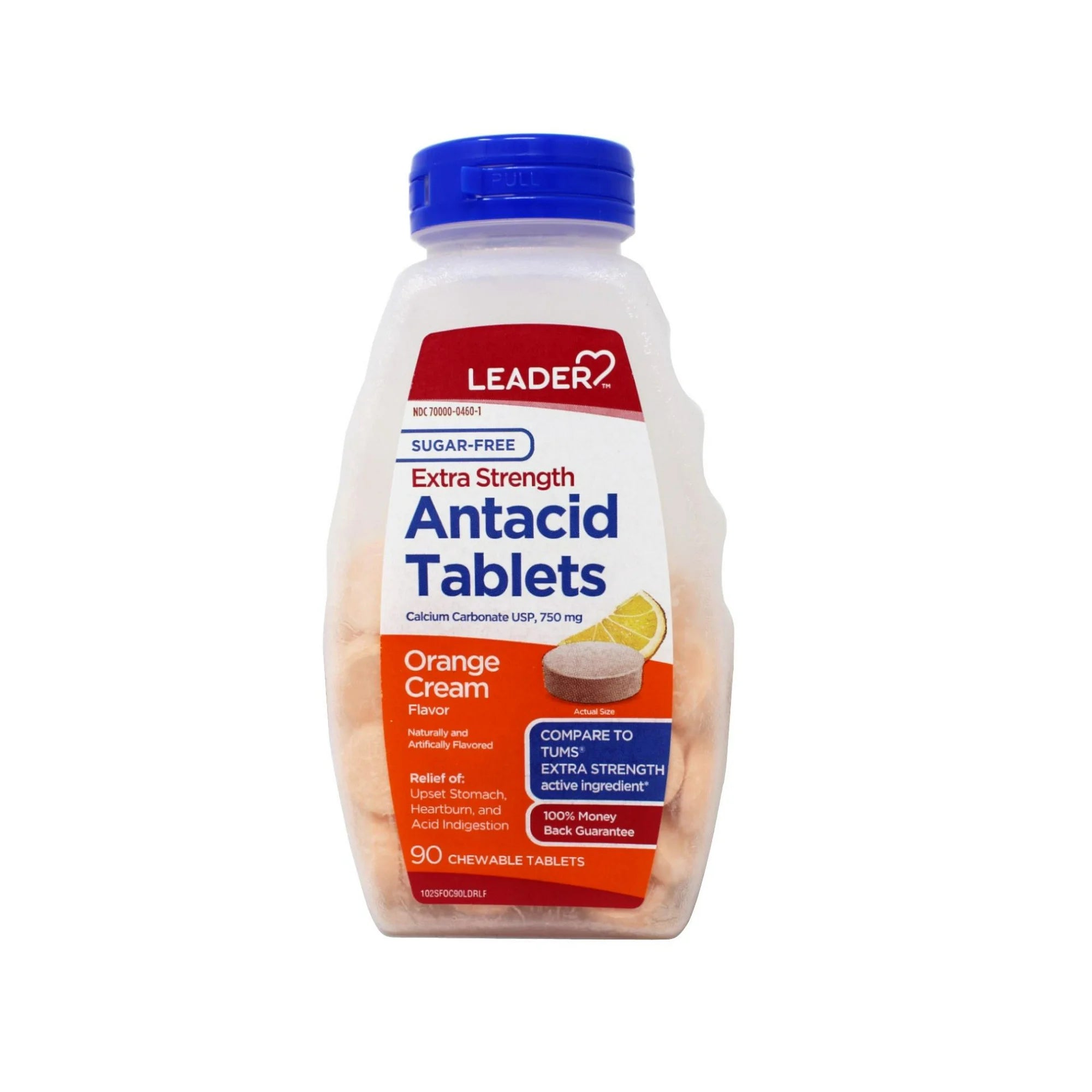 Leader Extra Strength Antacid 750 mg Chewable Tablets Orange Cream Sugar Free 90 Count - 2 Pack