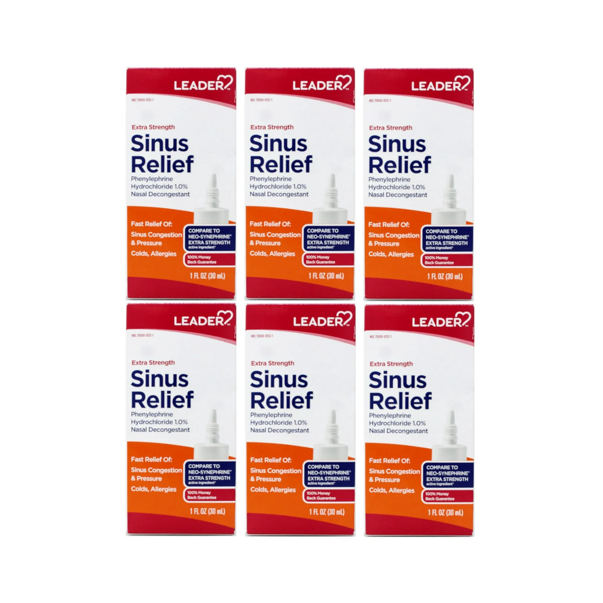 Leader Extra Strength Sinus Relief, Fast Acting, Sinus Decongestant, Nasal Congestion Relief Spray, Cold & Allergy 30 mL Bottle (Pack of 6)