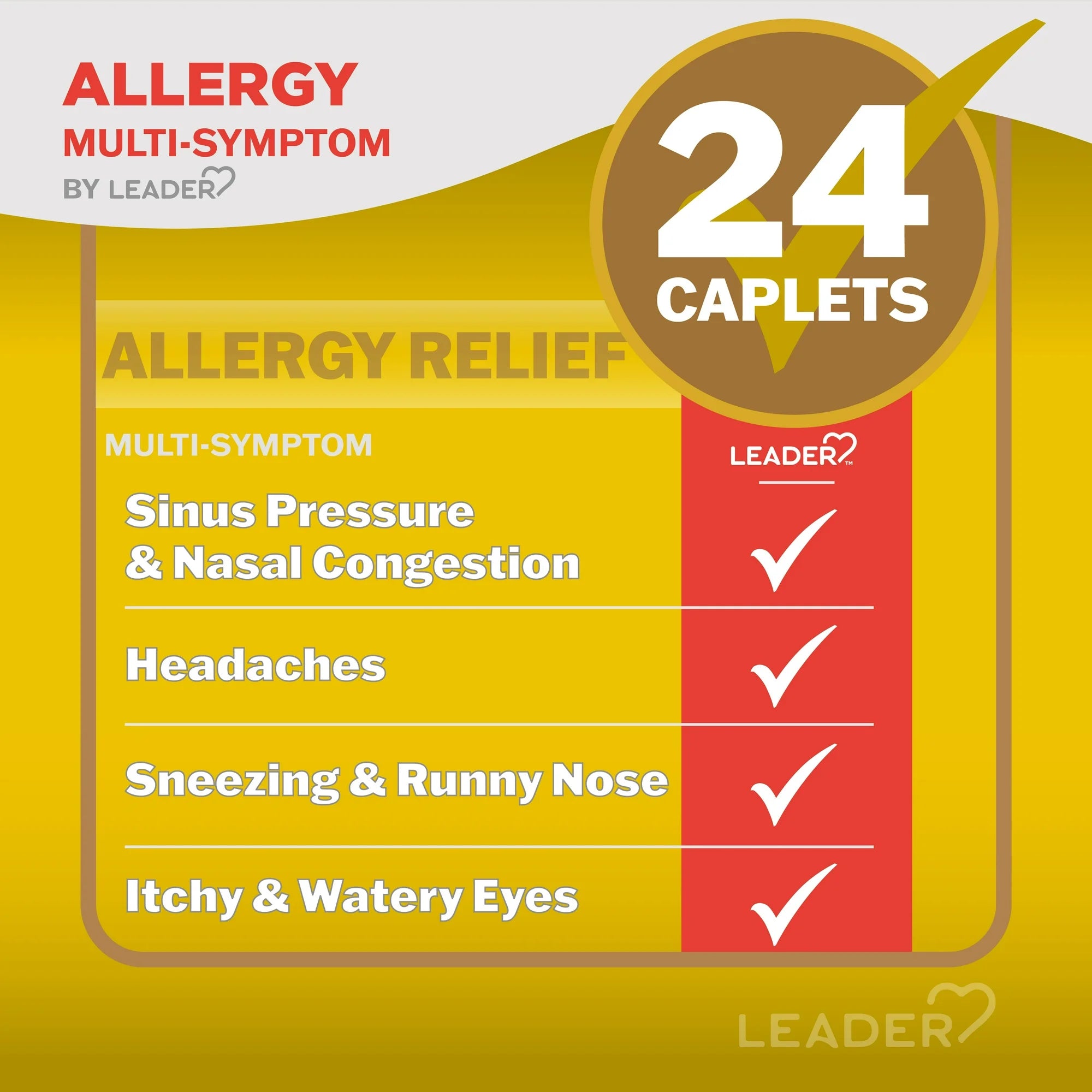 Leader Allergy Multi Symptom Acetaminophen Pain Reliever Caplets, 24 Ea, 6 Pack