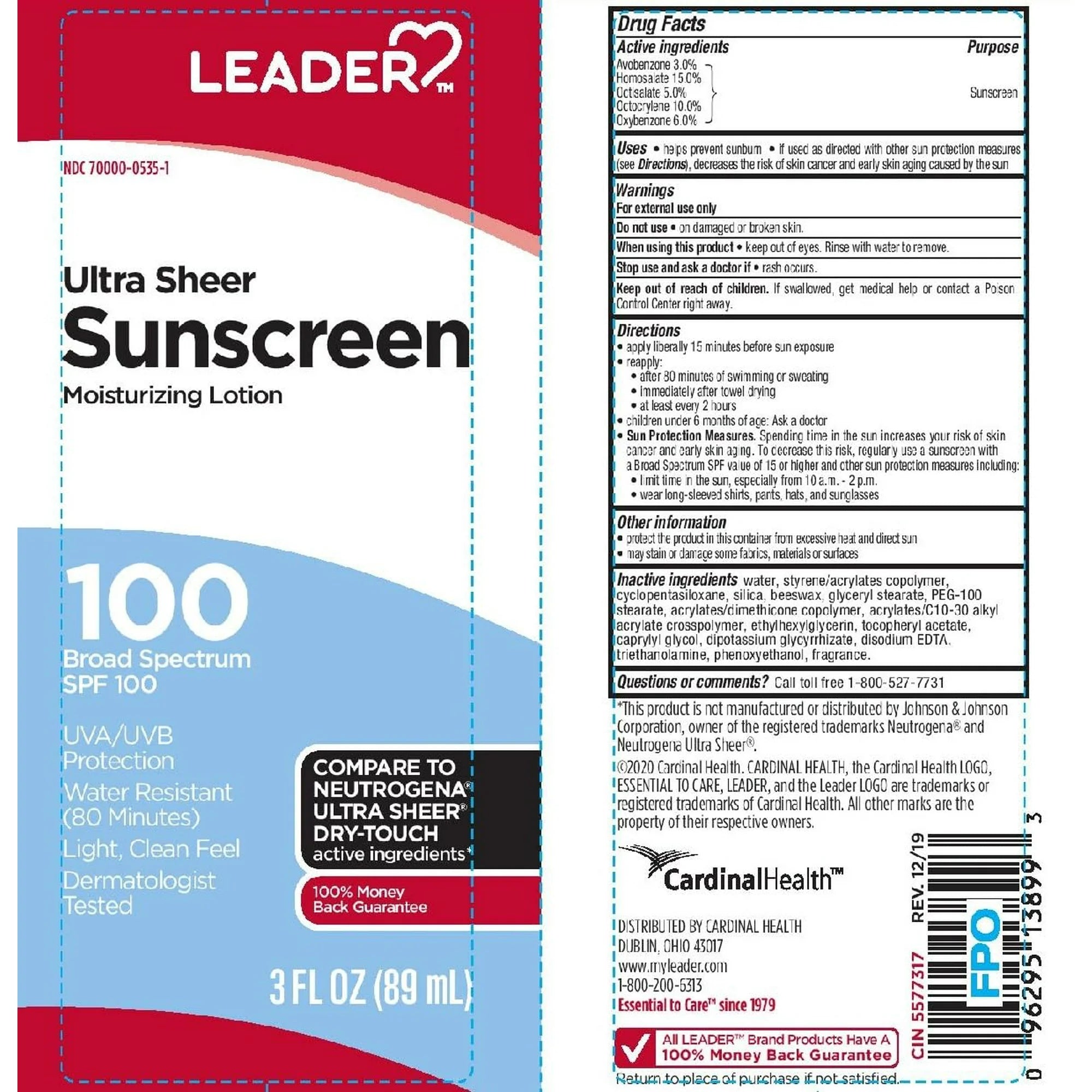 Leader Ultra Sheer Water Resistant SPF 100 Sunscreen Lotion, 3 oz