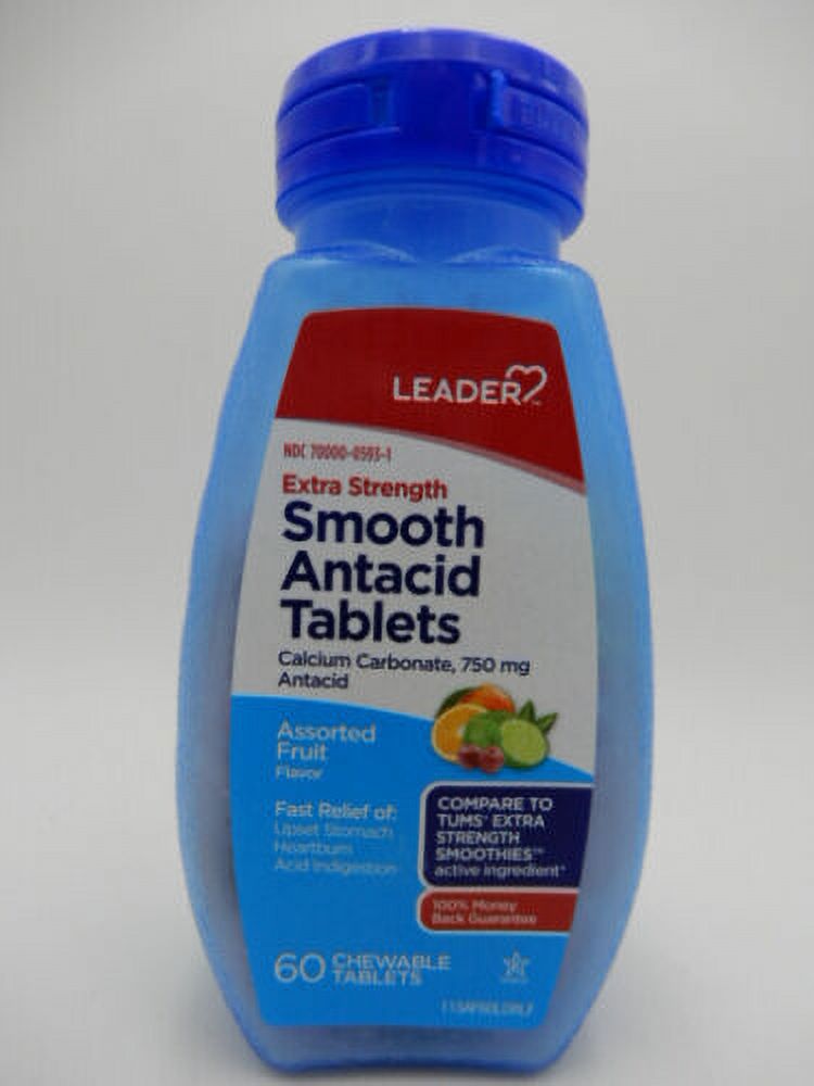 Leader Smooth Antacid Calcium Carbonate 750Mg, Fruit Chewable Tablets, 60 Ea, 6 Pack