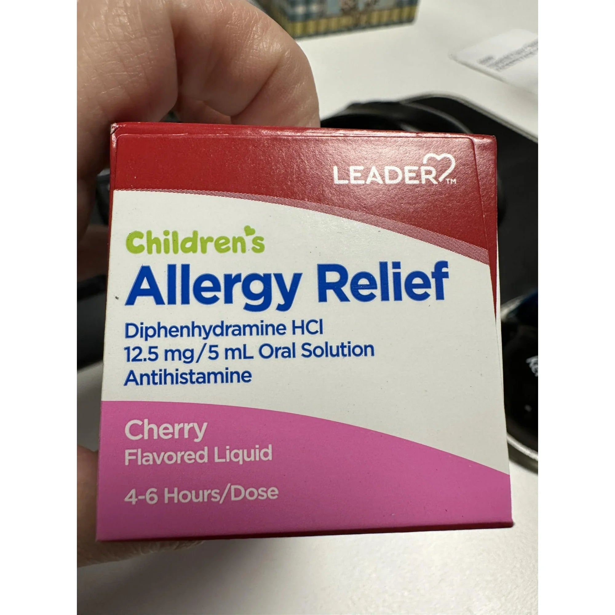 Leader Children’s Allergy Relief Liquid, Diphenhydramine HCL 12.5 mg / 5m Oral Solution, Antihistamine, Cherry Flavor, Alcohol Free, 4 fl oz