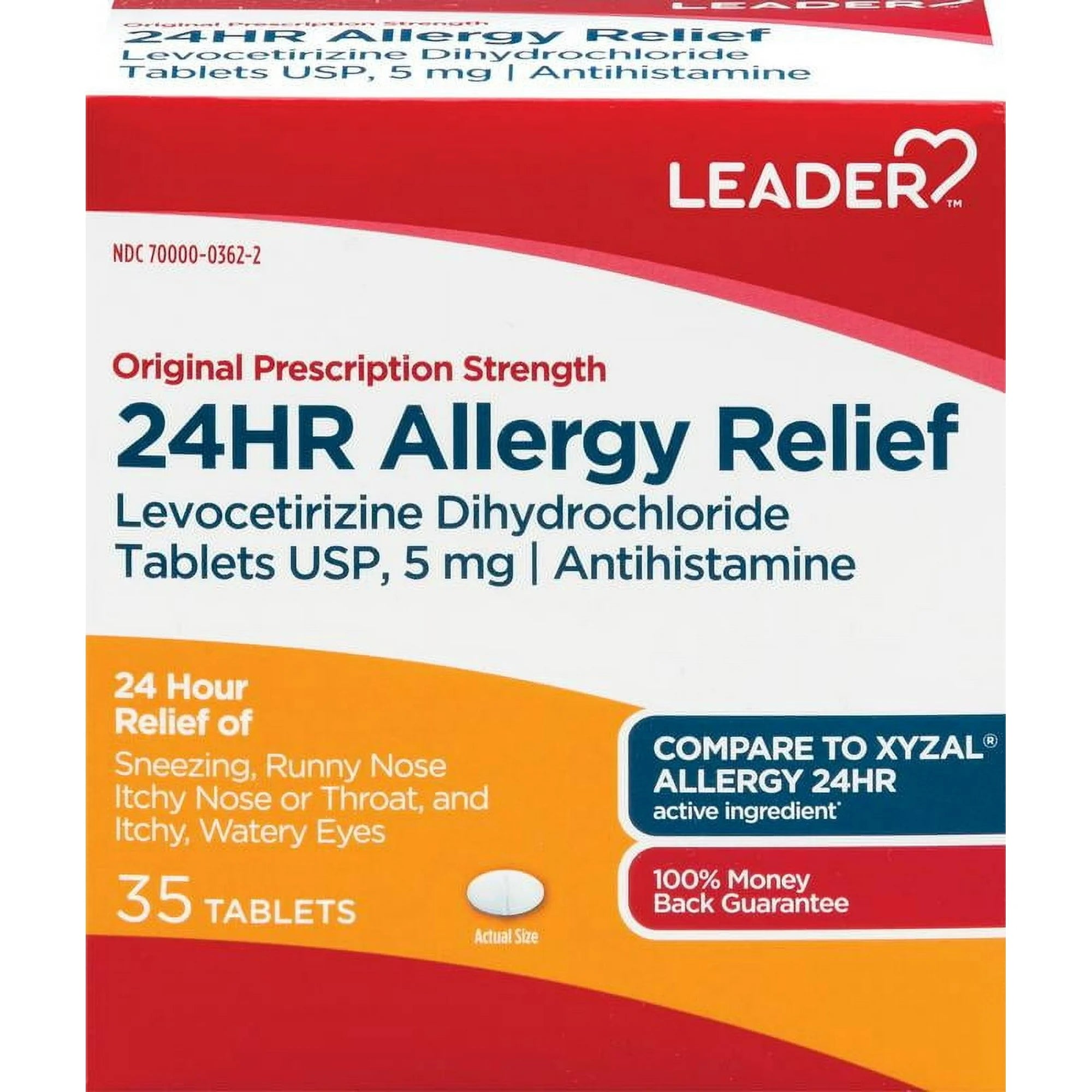 LEADER 24 Hour Allergy Relief with 5 mg of Levocetirizine Dihydrochloride, 35 Count