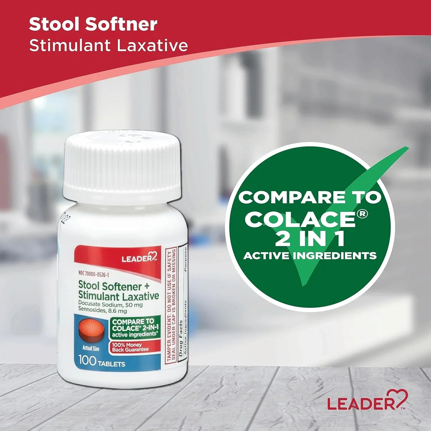 LEADER 2-in-1 Stool Softener & Stimulant Laxative, Docusate Sodium 50mg, Sennosides 8.6 mg, Gentle Occasional Constipation Relief for Adults, Both Men & Women, & Children Ages 6+, 100 tablets