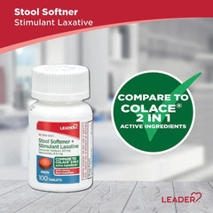 LEADER 2-in-1 Stool Softener & Stimulant Laxative, Docusate Sodium 50mg, Sennosides 8.6 mg, Gentle Occasional Constipation Relief for Adults, Both Men & Women, & Children Ages 6+, 100 tablets 3-Pack