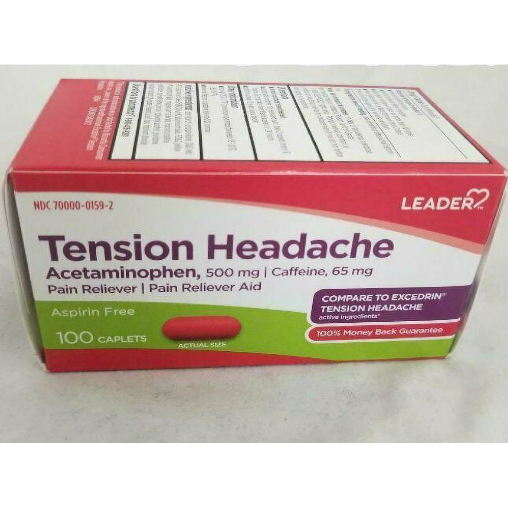 Leader Tension Headache Acetaminophen, 500 mg Caffeine, 65 mg Pain Reliever Aspirin Free 100 Ct