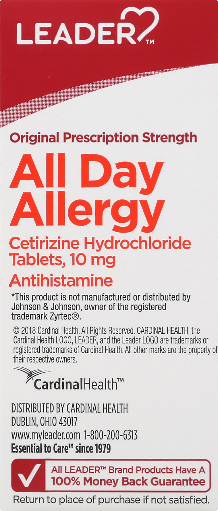 Leader All Day Allergy Cetirizine 24 Hr Relief Antihistamine 10mg Tablet, 30ct