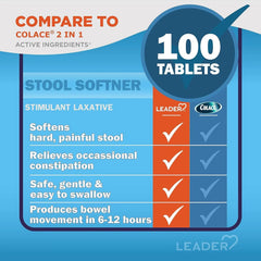 LEADER 2-in-1 Stool Softener & Stimulant Laxative, Docusate Sodium 50mg, Sennosides 8.6 mg, Gentle Occasional Constipation Relief for Adults, Both Men & Women, & Children Ages 6+, 100 tablets 3-Pack