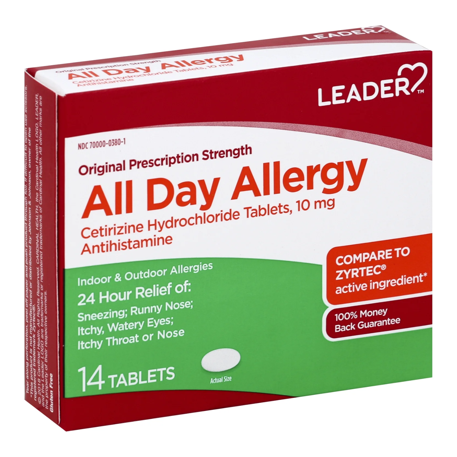 Leader All Day Allergy Cetirizine 10mg Tablets, 14ct - 24-Hour Relief from Allergies (Pack of 1)