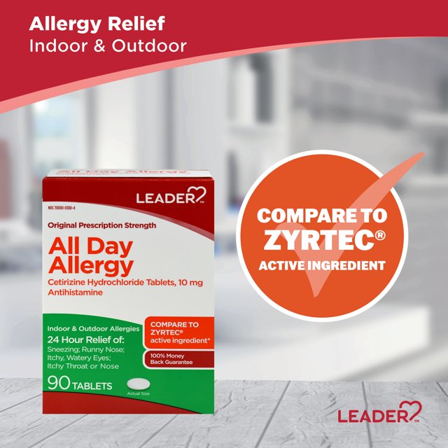 Leader 24 Hour All Day Allergy Relief, Cetirizine Hcl Tablets, 10 mg, 90 Count