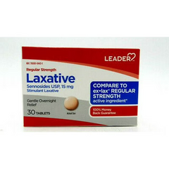 LEADER Laxative Sennosides USP Regular Strength Tablets, 30 Ea, 2 Pack