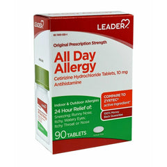 Leader 24 Hour All Day Allergy Relief, Cetirizine Hcl Tablets, 10 mg, 90 Count