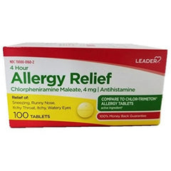 Leader 4 Hour Allergy Relief, Chlorpheniramine Maleate Tablets, Antihistamine, 4 mg, 100 Count, Pack of 6