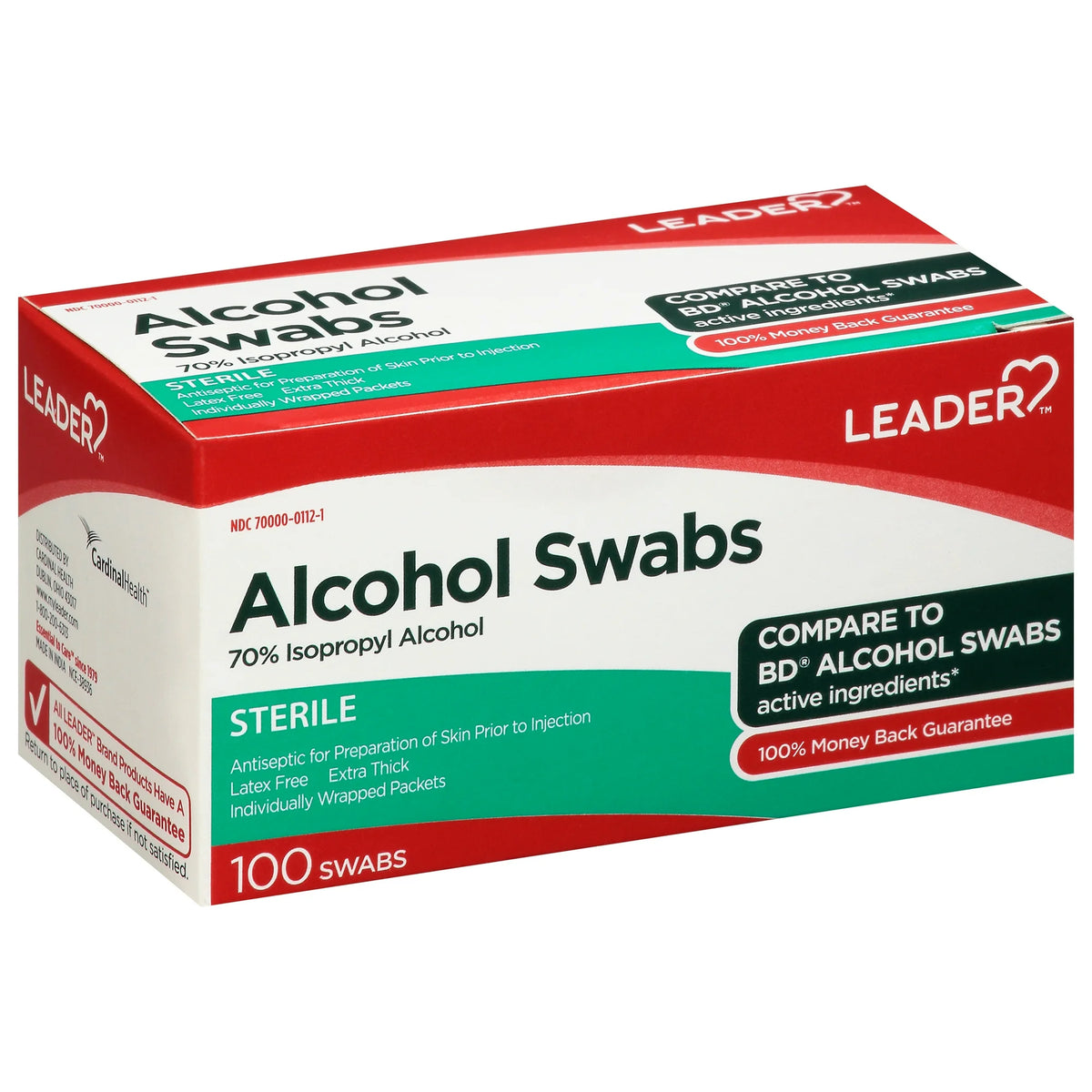 Leader Alcohol Swabs, 100 Swabs Sterile and Individually Wrapped Cleans and Disinfects