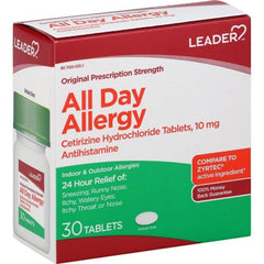 Leader All Day Allergy Cetirizine 24 Hr Relief Antihistamine 10mg Tablet, 30ct