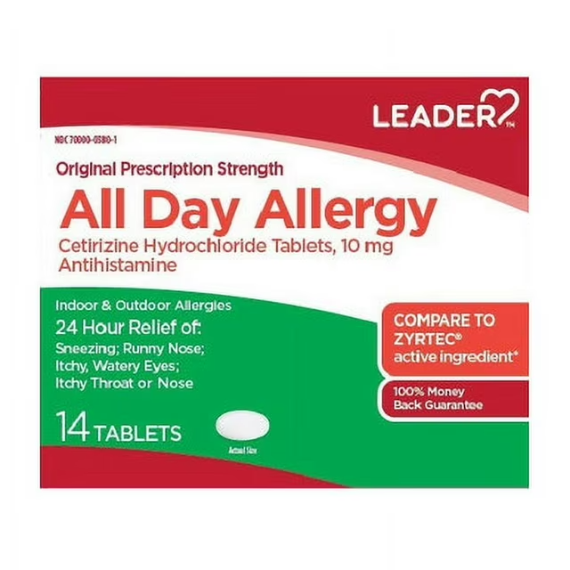 Leader All Day Allergy Cetirizine Hcl 10 Mg Tablets, 14 Ea, 2 Pack