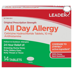 Leader All Day Allergy Cetirizine 10mg Tablets, 14ct - 24-Hour Relief from Allergies (Pack of 1)