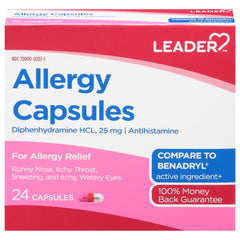 LEADER Antihistamine Allergy Relief Diphenhydramine HCl, 25mg Capsules, 24 Count