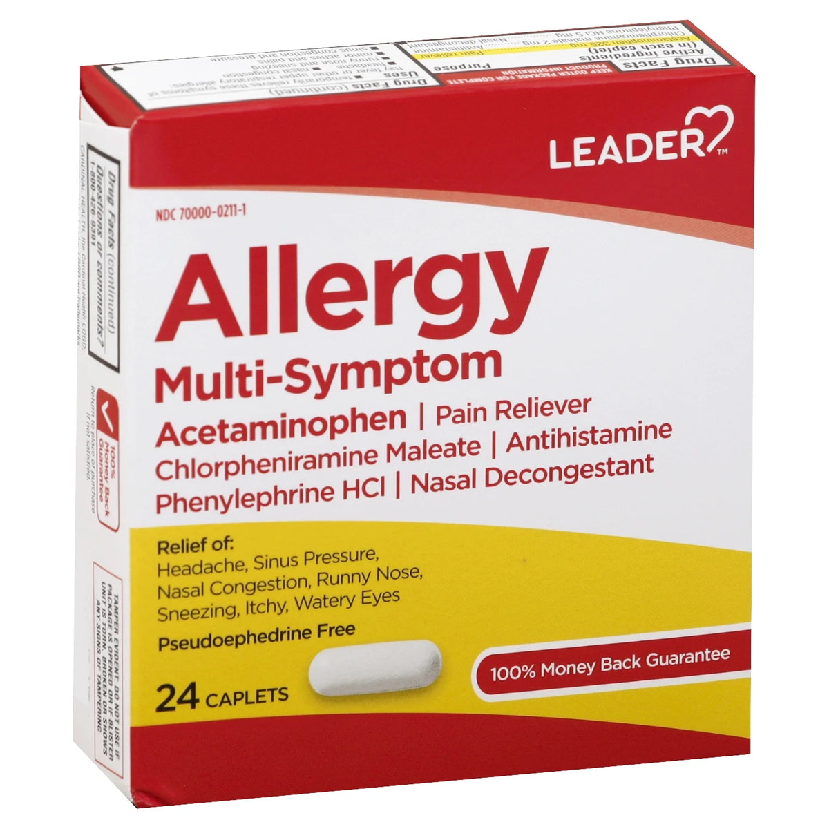 Leader Allergy Multi Symptom Relief Acetaminophen Pain Reliever Caplets, 24 Ea, 3 Pack