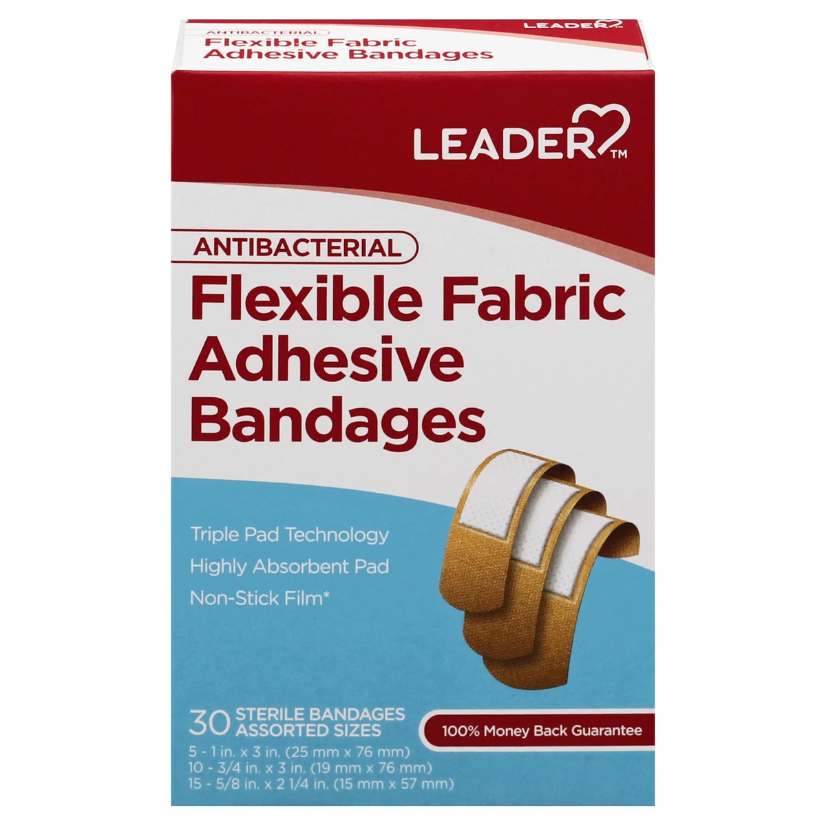 LEADER Antibacterial Flexible Fabric Adhesive Bandages, First Aid Antiseptic, Triple Pad Technology, First Aid and Wound Care, Compare to Band-Aid, Assorted Sizes, 30 ct.