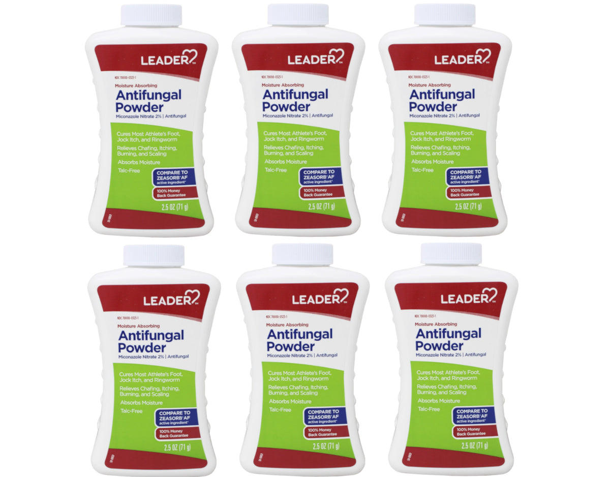 Leader Antifungal Powder Micanzole Nitrate 2%, Moisture Absorbing, Talc-Free, for Athletes feet, Jock itch, and Ringworm 2.5 Oz - 6 Pack