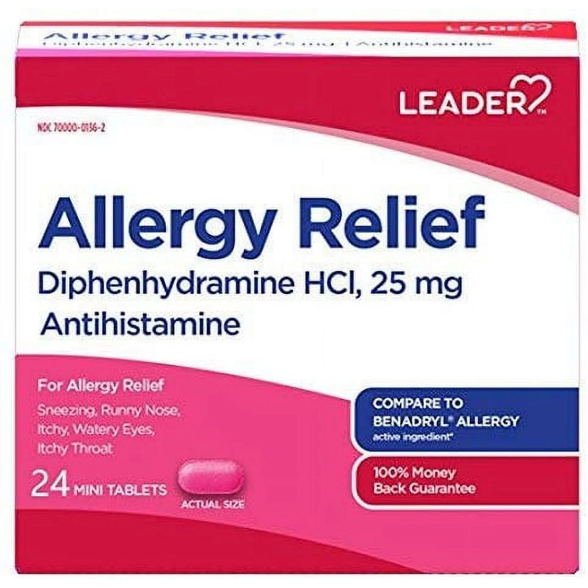 Leader Antihistamine Allergy Relief, 24 Mini Tablets 25mg