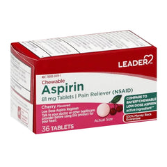 Leader Aspirin Chewable 81 Mg Pain Reliever Tablets, Cherry Flavor, 36 Ea, 2 Pack