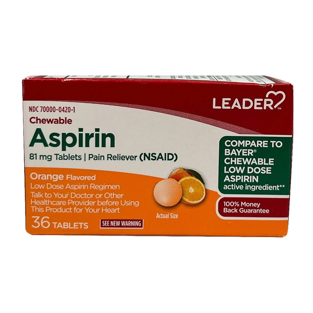 Leader Aspirin Chewable 81 Mg Pain Reliever Tablets, Orange Flavor, 36 Ea, 2 Pack